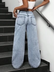 SHEIN PETITE 女款時尚百搭水洗斜口袋寬鬆寬腿男友風牛仔長褲，適合嬌小女性 - 藍色 - 查看 2