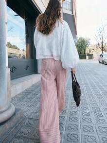Nöista Mid Rise Long Pants In Stripes .Spring Bottoms For Festival, Summer , Vacations Festival - Baby Pink - View 2