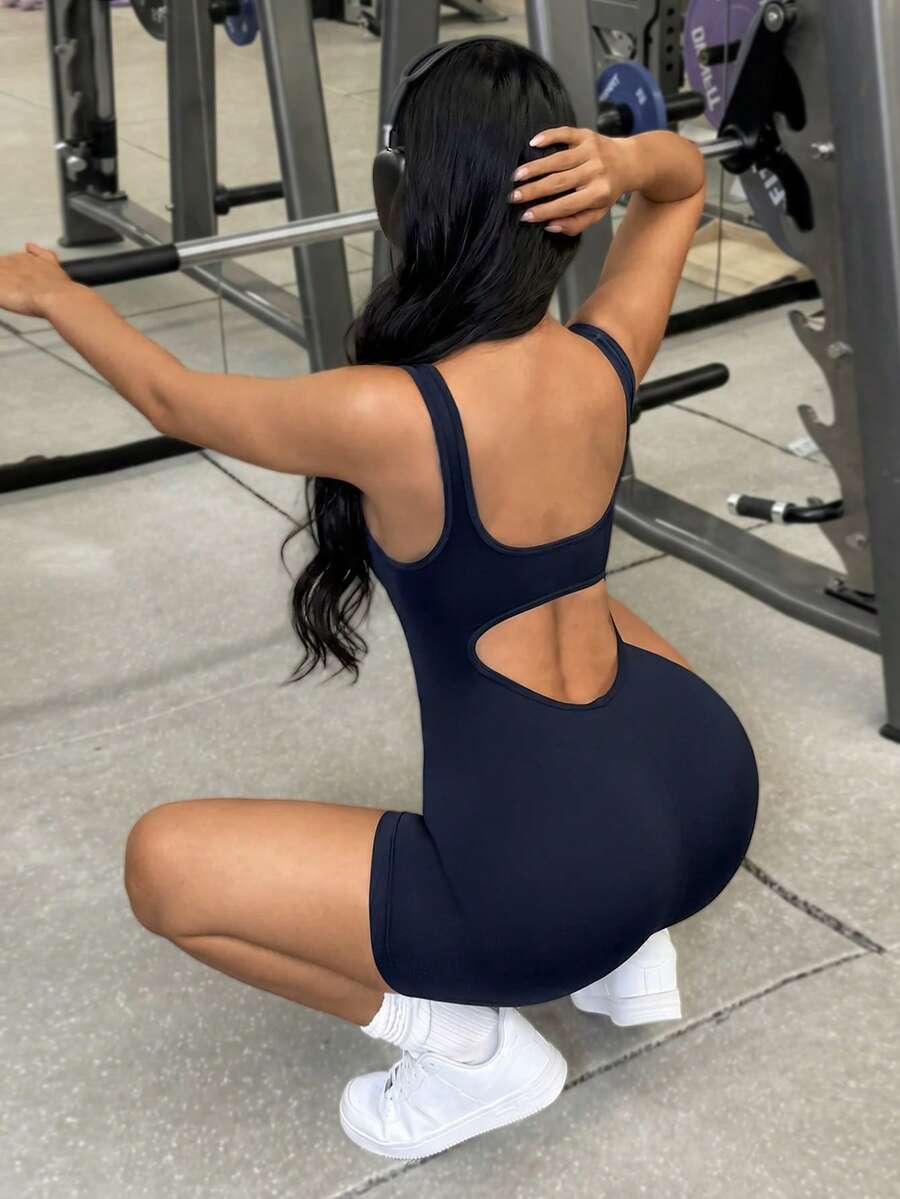 Slayform Women's Solid Color Backless Sleeveless Athletic Romper Shorts - Navy Blue - View 1