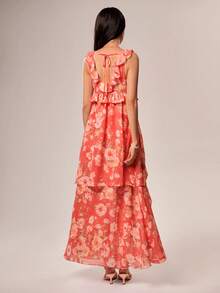 Willow Rêve Gaun Maxi Wanita Motif Bunga Kecil Oranye dengan Tali Bahu Tipis dan Hem Berkerut, Model High-Low, Gaya Boho, Gaya Pastoral, Gaya Liburan Romantis, Pakaian Pesta - MultiWarna - View 4