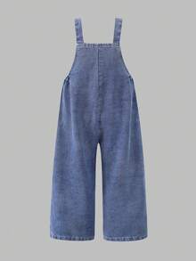 SHEIN Elladie kids 女童新款休閒時尚牛仔吊帶褲，復古中藍色黃白花卉拼接，大蝴蝶結，寬鬆直筒版型，柔軟舒適面料 - 藍色 - 查看 2