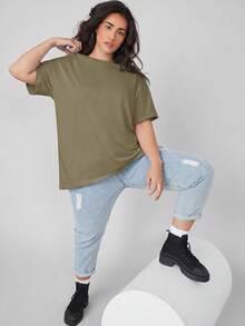 SHEIN BASICS 大尺碼落肩素色T恤女款夏季上衣夏季穿搭 - 軍綠色 - 查看 4