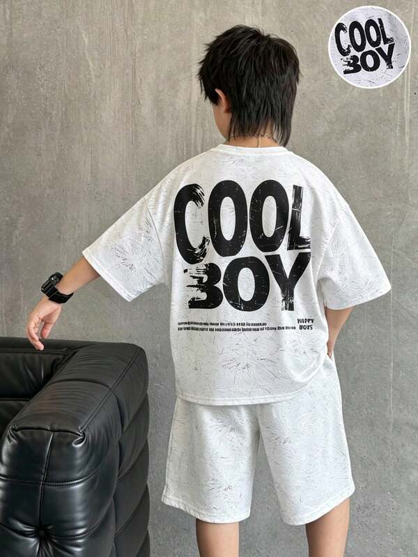 2pcs Boys' Simple Fashion High Street Faux Snowflake Round Neck Pullover Knit T-Shirt And Shorts Set, Comfortable Fabric, Fashionable Fit, Spring/Summer New Style, Suitable For Multiple Seasons And Occasions