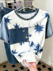 Manfinity Dauomo Men's Fashionable Casual Drop-Shoulder Crew Neck Printed T-Shirt, Faux Denim T-Shirt, Tie-Dye T-Shir - Multicolor - View 3