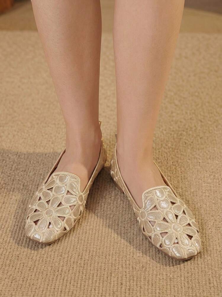 CUCCOO CHICEST 香檳金鏤空花卉刺繡優雅度假女款樂福鞋 方頭平底 - 淺金 - View! 9