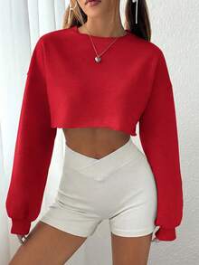 SHEIN EZwear 女款純色百搭極簡短版長袖運動衫，適合日常穿著 - 紅色 - 查看 3
