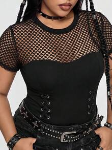 ROMWE Grunge Punk Dark Punk Sexy Mesh Sheer Bodysuit With Waist Cinching And Crotch Opening, Versatile - Black - View 1