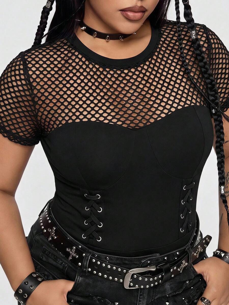 ROMWE Grunge Punk Dark Punk Sexy Mesh Sheer Bodysuit With Waist Cinching And Crotch Opening, Versatile - Black - View 1