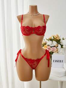 Esselle 2pcs Sky Blue Embroidered Lace-Up Lingerie Set For Women - Red - View 1