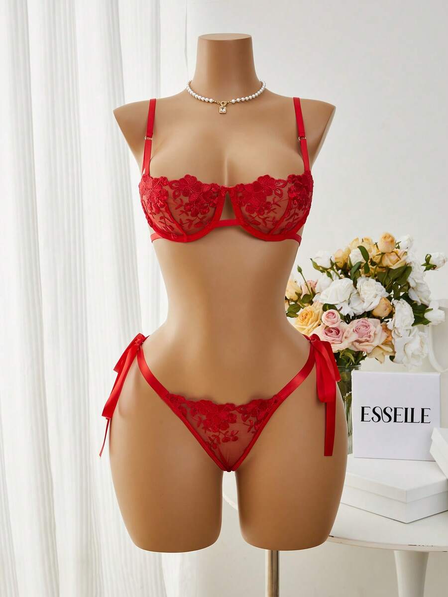 Esselle 2pcs Sky Blue Embroidered Lace-Up Lingerie Set For Women - Red - View 1