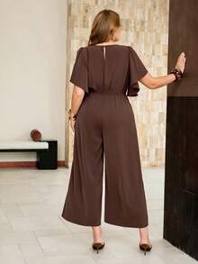 Roveilla Plus Size Women's Solid Color V-Neck Button-Up Waist-Cinching Elastic Adjustable Loose Wide Leg Long Pants Umbrella Sleeve Short Sleeve Brown Jumpsuit - Brown - View 3