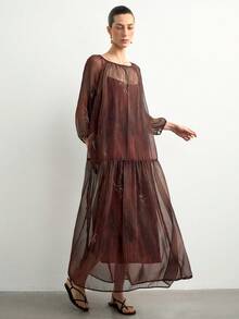 Aalyst Set Gaun Wanita Lengan Raglan Jala Bermotif Bunga dan Gaun Kamisol - Coffee Brown - View 7