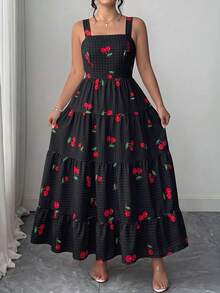 Elenzga Plus Size Women Cherry Print Ruffle Hem Cami Dress - Black - View 5