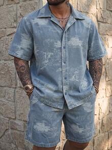DAZY Men's Plus Size Short Sleeve Single-Breasted Shirt And Shorts Casual Denim Set Summer - Blue - View 5