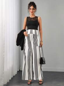 SHEIN European And American Style Black And White Striped Print Repeated Pocket Elastic Waist Loose Straight Leg Maternity Pants Suitable For Daily Wear - Multicolor - View 8