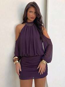 Aloruh Vestido mini para mujer con hombros descubiertos, mangas de farol, parte superior holgada y Bottom ajustada - Morado - Ver 1