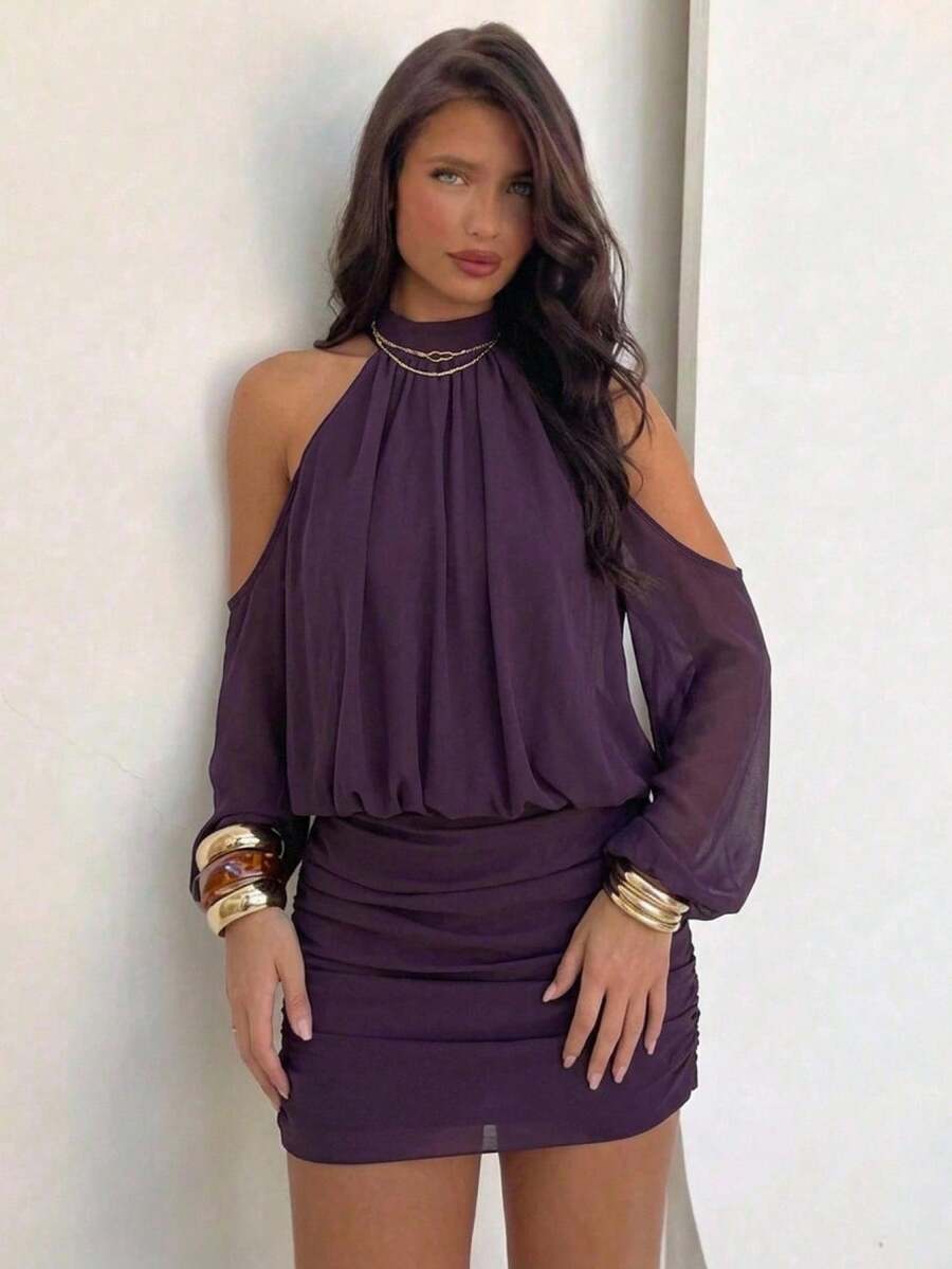 Aloruh Vestido mini para mujer con hombros descubiertos, mangas de farol, parte superior holgada y Bottom ajustada - Morado - Ver 1