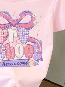 淺粉色可愛甜美蝴蝶結與字母貼布繡「Pre-School, Here I Come!」小女孩休閒舒適返校短袖T恤，適合日常、校園、甜美風時尚女孩 - 彩色 - 查看 6