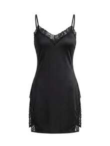 SHEIN Váy ngủ ren xẻ cao gợi cảm cho nữ - màu đen - Xem 1