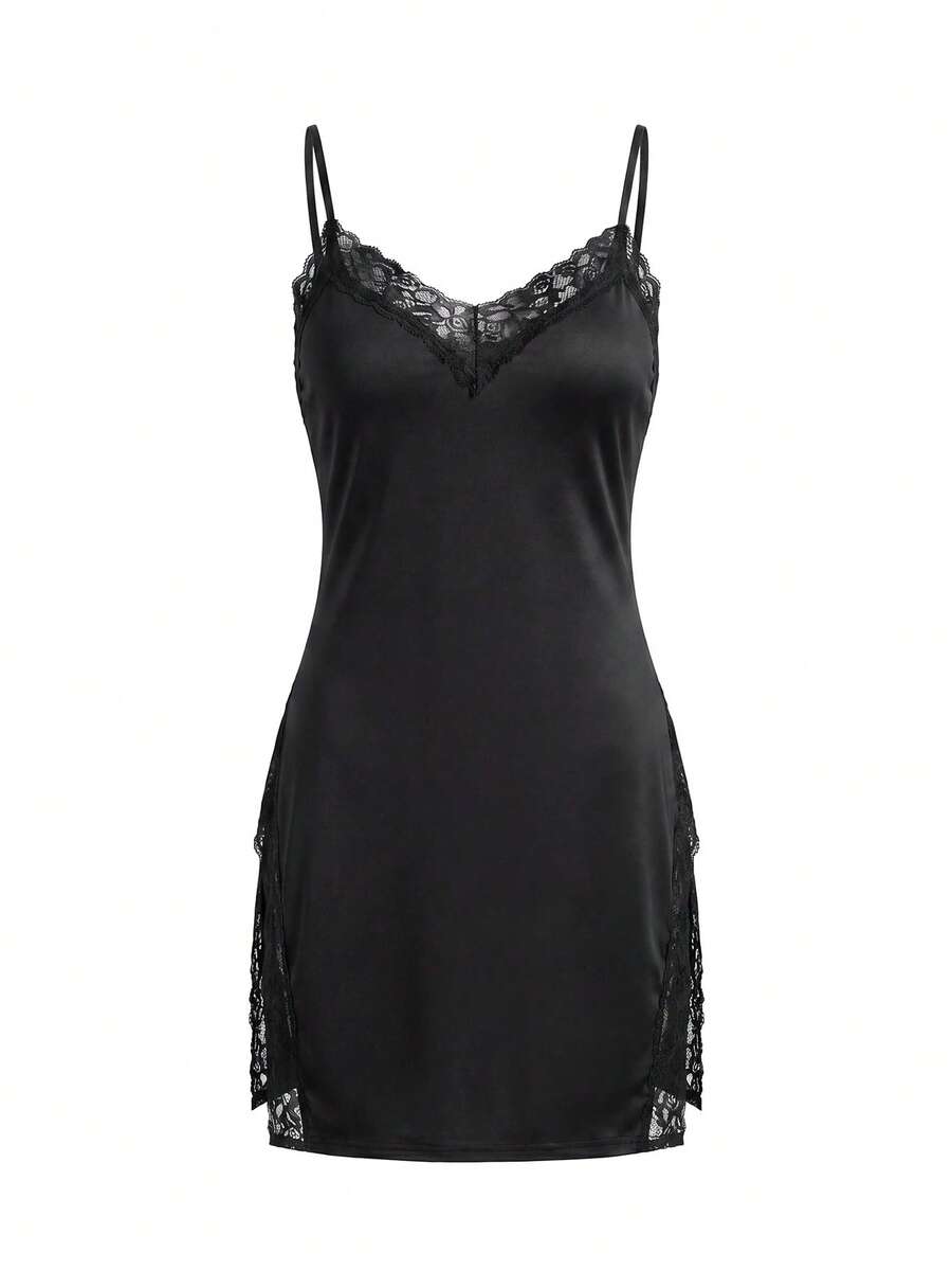SHEIN Váy ngủ ren xẻ cao gợi cảm cho nữ - màu đen - Xem 1