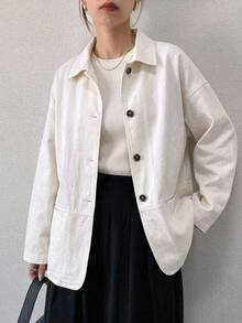 DAZY Women's Lapel Loose Long Sleeve Open Front Denim Jacket, Casual City Style Washed Relaxed Denim Jacket - White - View 8