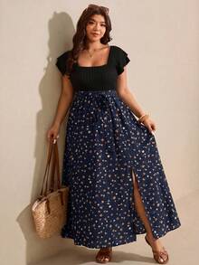 Elaquor Vestido de vacaciones con estampado floral, puños con volantes y abertura delantera, talla grande - Azul Marino - Ver 3