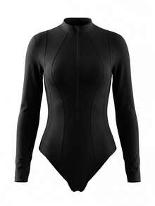 Easithlete Easithlete 女士纯色黑色拉链领长袖运动连体衣 - 黑色 - 查看 2