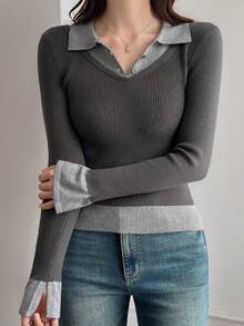 DAZY Women's Colorblock Fitted Long Sleeve Polo Collar Casual Vacation Pullover Knit Sweater School Fall - Grey - View 4