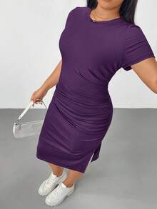 Shapeblank Plus Size Women's Dark Purple Short Sleeve Slit Slim Mid-Length Dress,Elastic Comfortable Autumn Smart Casual Night Out Club Basic Daily Versatile - Purple - View 5