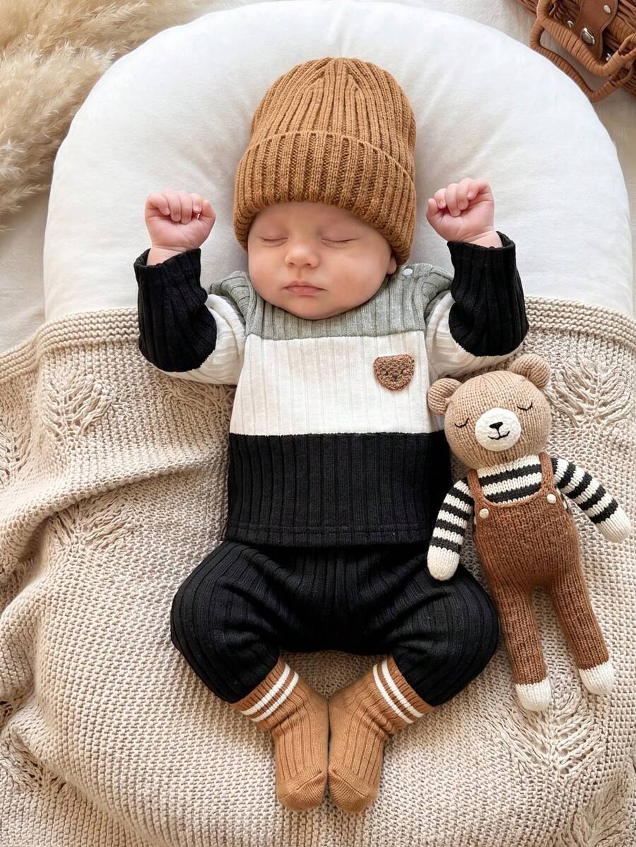 SHEIN Vintaside Kids 新生兒羅紋布料熊圖案上衣口袋設計休閒基礎男嬰套裝 - 彩色 - 查看 1