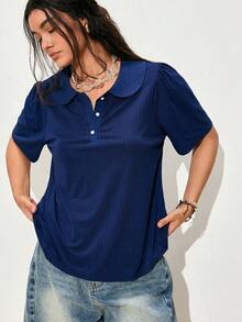 Elenzga Plus Size Women's Fashion Casual Lapel Pearl Button Short-Sleeve T-Shirt, Summer Outfit, Solid Color Navy Blue Top Bussines Office - Blue - View 9