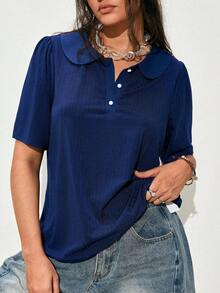 Elenzga Plus Size Women's Fashion Casual Lapel Pearl Button Short-Sleeve T-Shirt, Summer Outfit, Solid Color Navy Blue Top Bussines Office - Blue - View 10