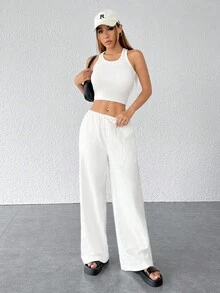 SHEIN PETITE CURVE 大码弹力腰休闲纯色裤 - 白色 - 查看 3