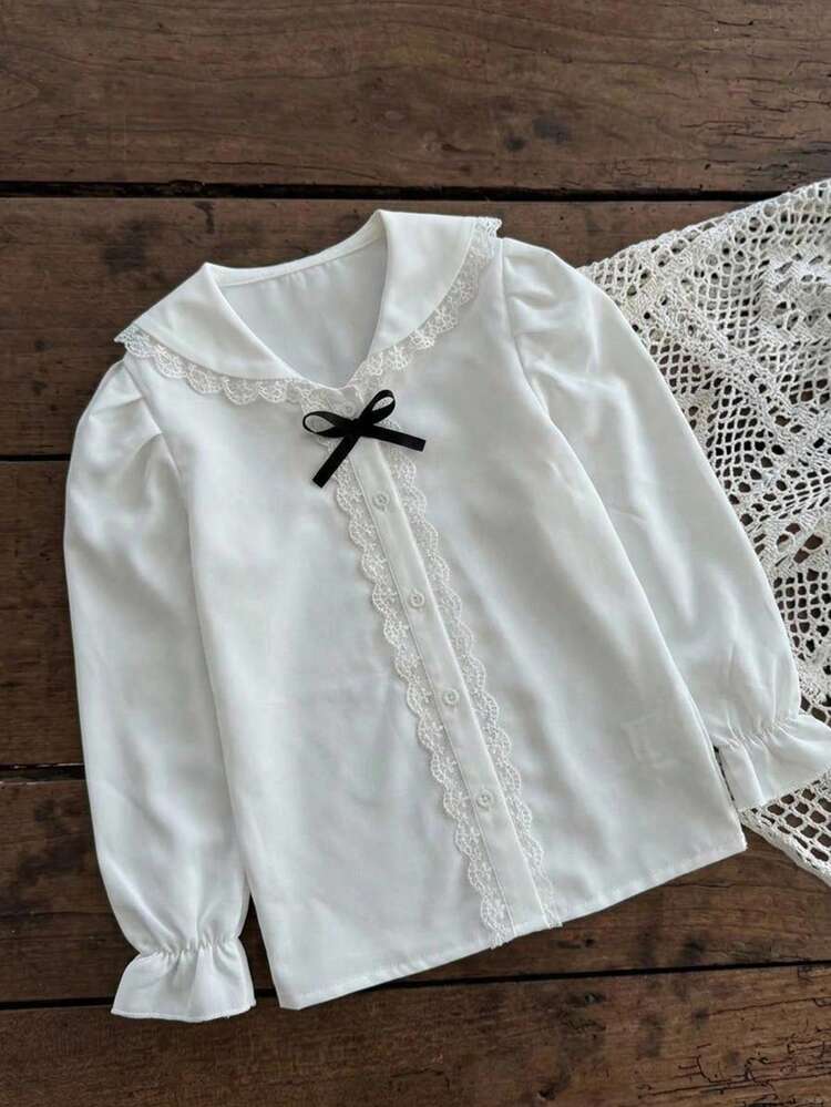 Hapijoa Tween Girl Fall Clothes Tween Girls Lapel Short Sleeve Shirt Summer - White - View 3
