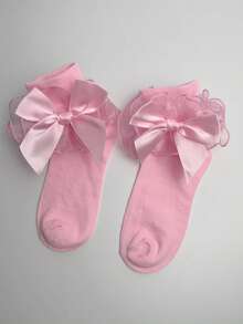 ROMWE Kawaii Women's Contrast Mesh Ruffle Trim Mid-Calf Socks - Pink 88 - View 2