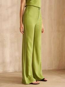 MOTF PREMIUM CONTRAST TRIM SLANTED POCKET FLARE LEG PANTS - Green - View 2