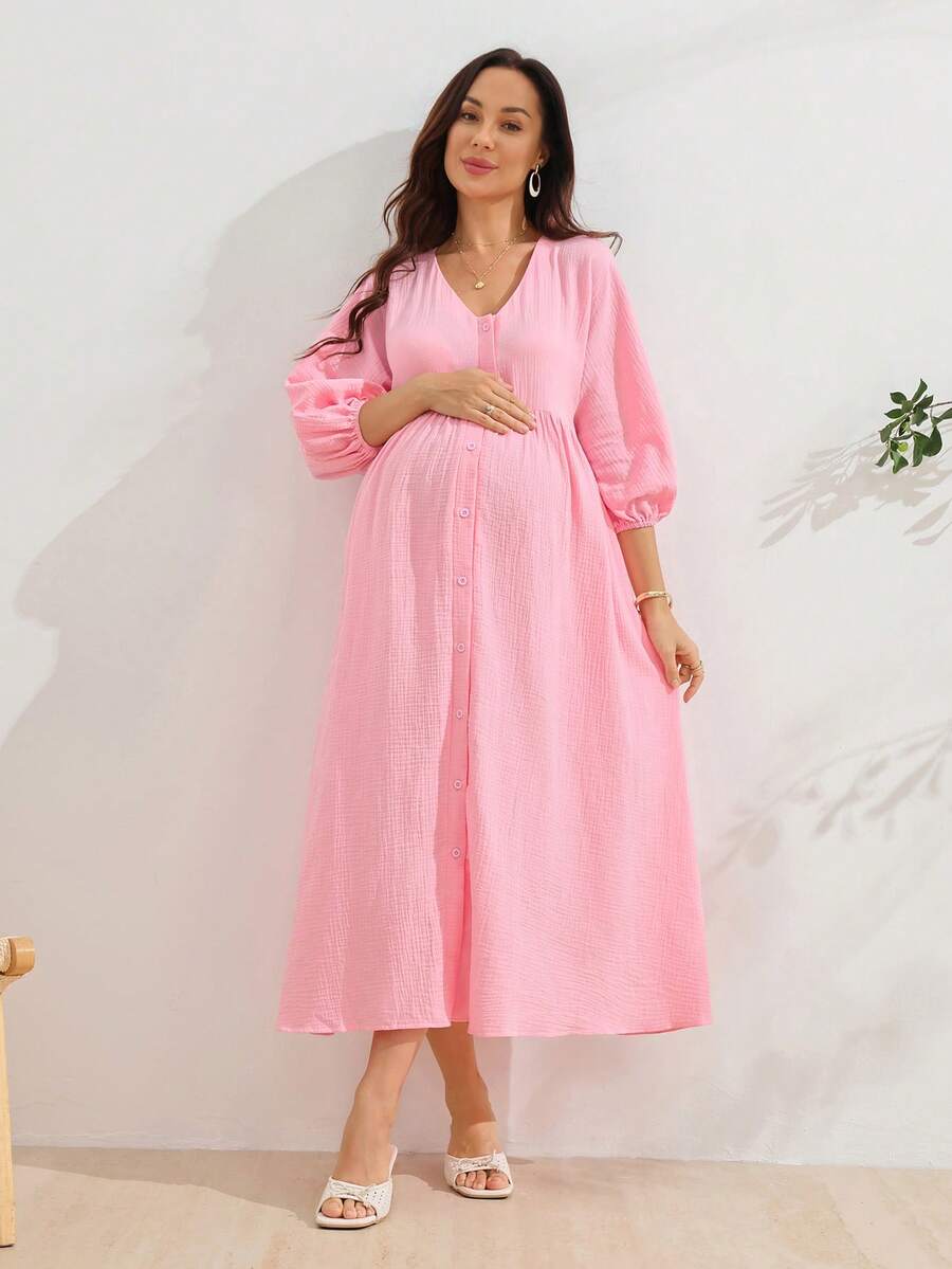 SHEIN 孕婦粉色長洋裝,100%純棉,寬鬆舒適居家服 - 粉色 - 查看 1