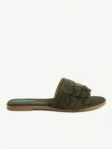 CUCCOO CHICEST 簡約百搭氣質舒適時尚大方通勤度假沙灘平底涼鞋夏季鞋 - 軍綠色. - 查看 3
