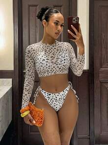 Slaydiva Women's Leopard Print Chiffon Bikini Cover Up 3 Pieces Set,White Summer Casual Holiday Pool Party Vacation Long Sleeve Beach Wear Boho Outfits - White - View 11