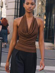 Maija Women's Summer Sexy Elegant Solid Color Cowl Neck Backless Halter Top, Off The Shoulder Top, Going Out Date Night Night Out Outfits Coffee Brown - Brown - View 1