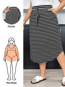 Shapeblank Plus Size Women's Spring And Summer New Fashion Casual Curved Hem Striped Straight Skirt - Black and White - View 1