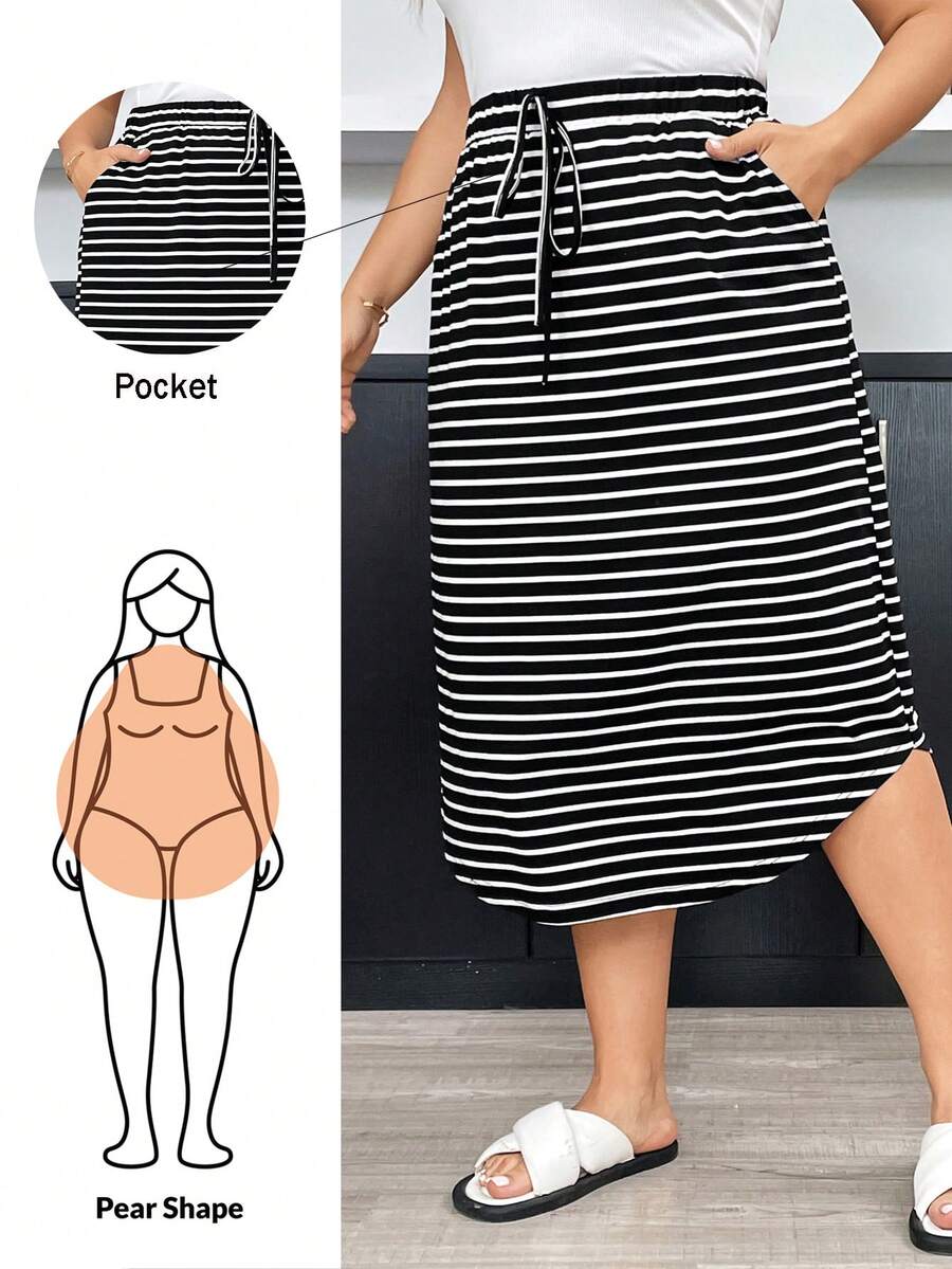 Shapeblank Plus Size Women's Spring And Summer New Fashion Casual Curved Hem Striped Straight Skirt - Black and White - View 1