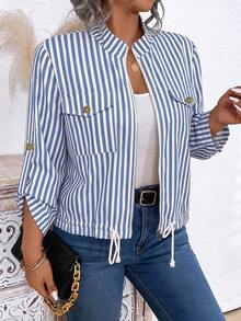 Momelise Plus Size Striped Pocket Zipper Hem Drawstring Jacket Fall - Blue - View 5