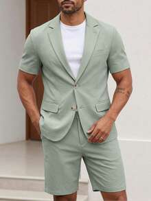 Manfinity Bizformal Men's Sage Green Summer Short-Sleeved Suit Blazer & Suit Shorts,Smart Casual Vacation Daily Business Parties,Casual Fashion Commuter,Formal,Ceremony - Green - View 1