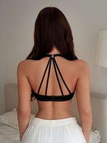 Napfluff Sujetador de mujer de color liso con botones delanteros y cuello halter - Negro - Ver 2