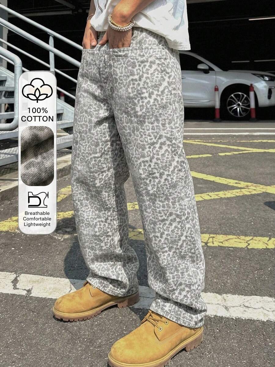DAZY Spring Men's Leopard Print Wide Leg Loose Casual Denim Jeans - Multicolor - View 1
