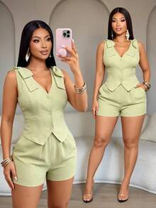 SOLERSUN Plus-Size Women's Sleeveless Two Pieces Crop Set, Suitable For Professional And Business Occasions. - Green - View 1