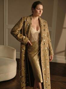 MOTF PREMIUM PLUS SIZE FASHIONABLE ELEGANT LAPEL COLLAR CHIC ELEGANT SEQUIN OVERCOAT - Yellow - View 5