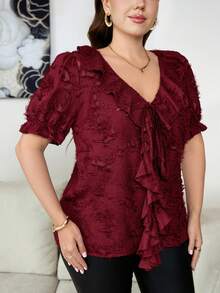 SHEIN Clasi Blusa elegante con volantes y cuello en V de talla grande para vacaciones y citas - Burdeos - Ver 4