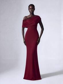 Elitara Elegant Sequin Patchwork Elastic Knit Asymmetric Ruffle Fishtail Maxi Dress, Women's Formal Evening Gown Wedding Party - Burgundy - View 1